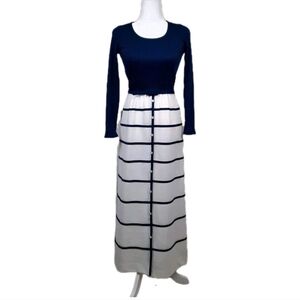 Vintage 1970s Mod Maxi Dress Navy White Stripe Belt Size S Union Made Ayres